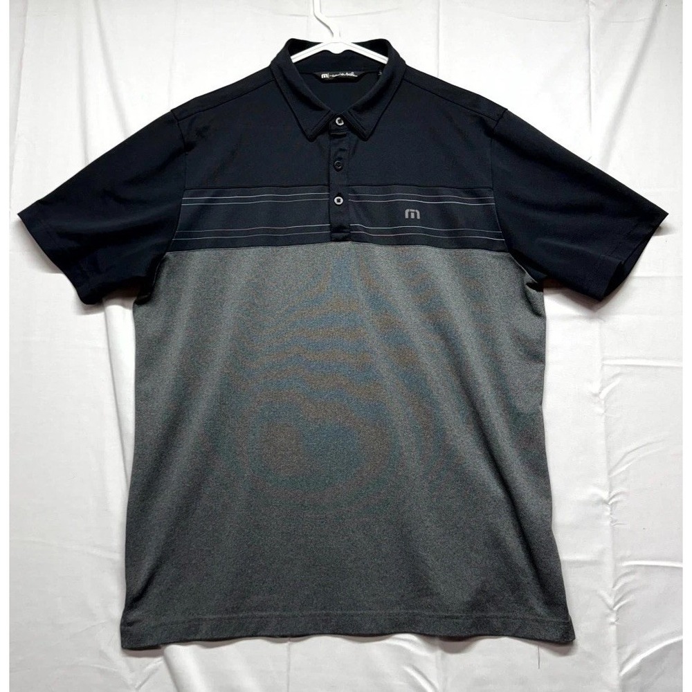 Travis Mathew Polo Shirt Mens L Black Gray Stretch Cotton Golf Tennis Resort